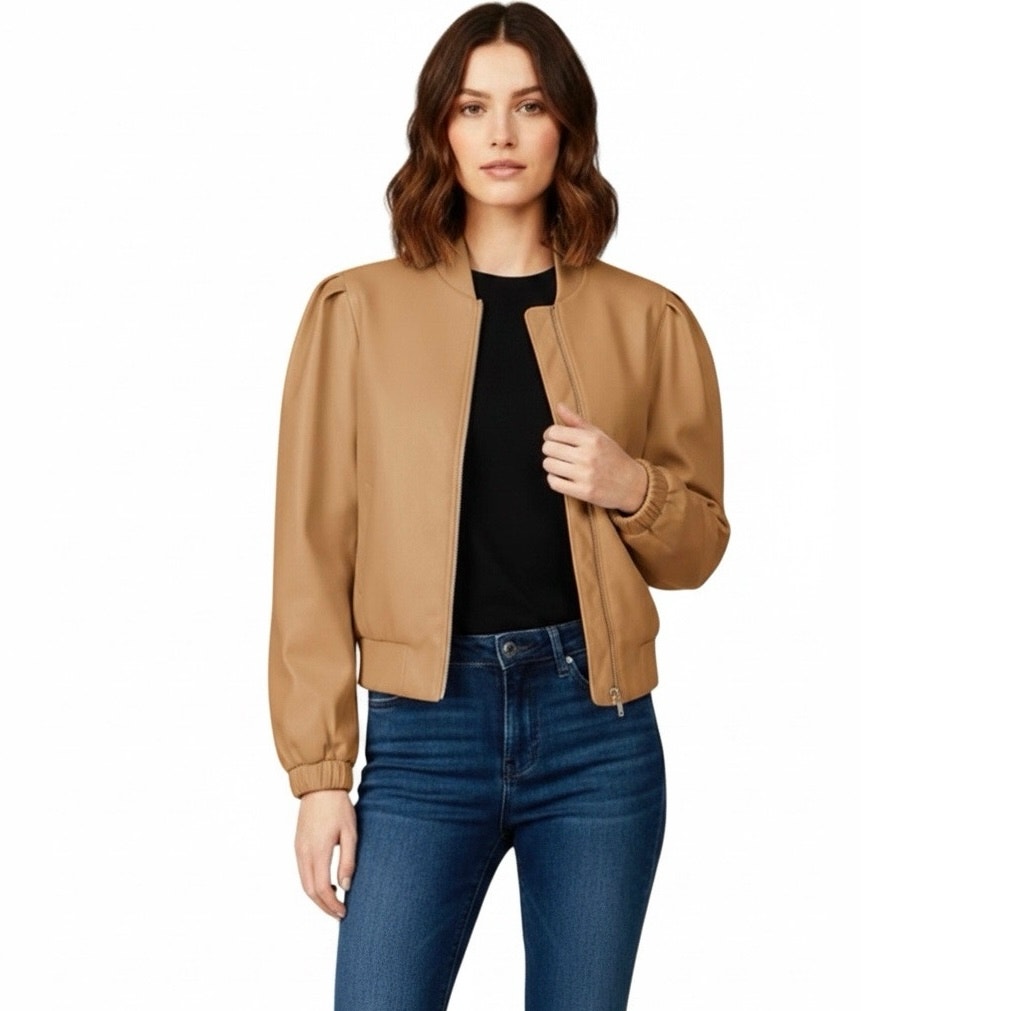 House Of Harlow Women’s Camel Tan Vegan Leather Puff Sleeve Bomber